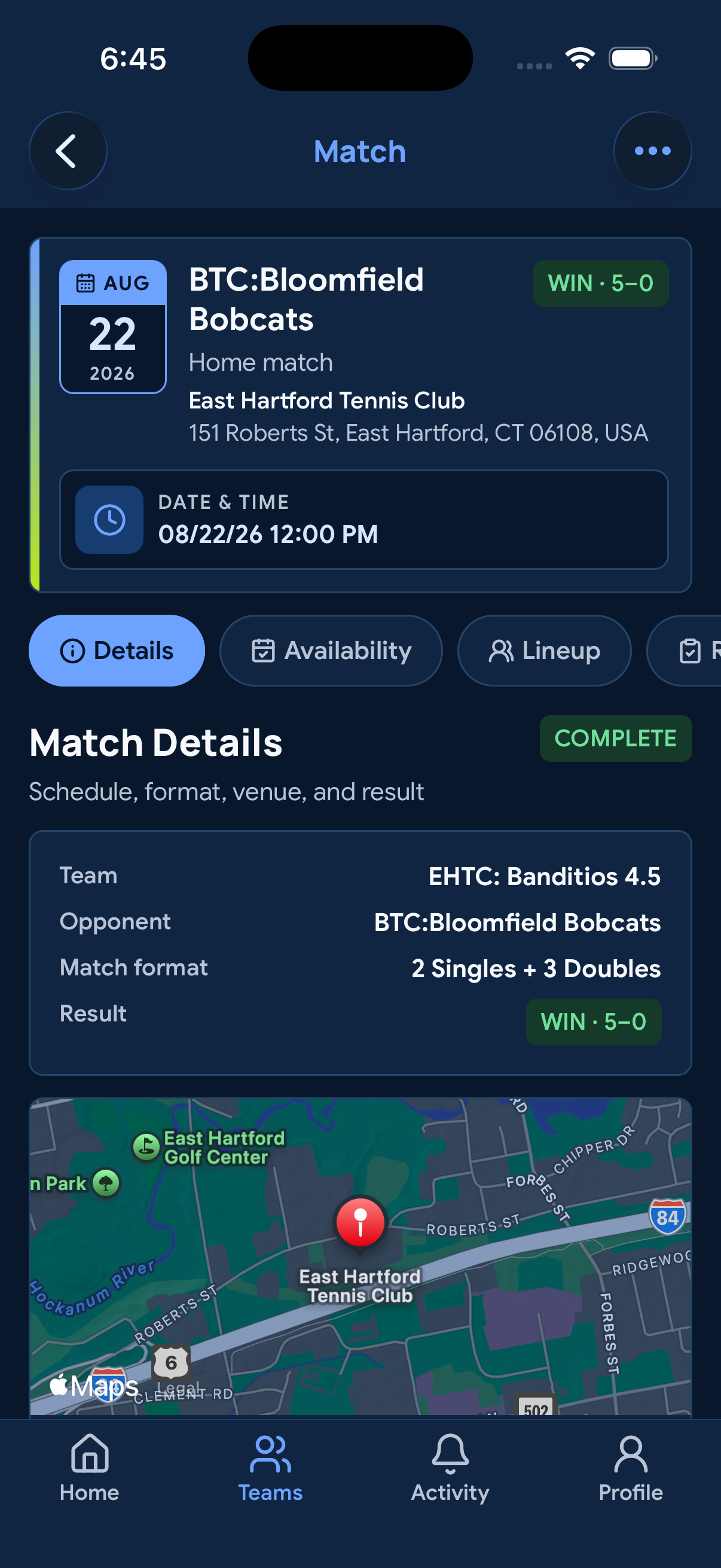 CourtRoster mobile match screen showing match details and roster availability