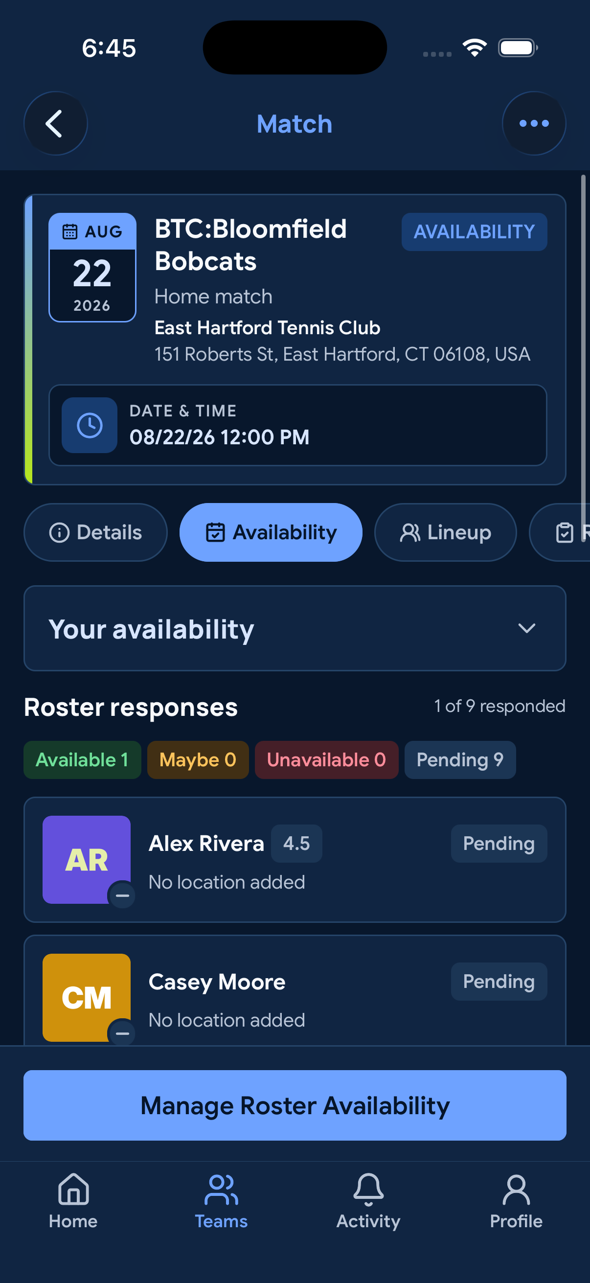 CourtRoster mobile lineup screen showing a published match lineup