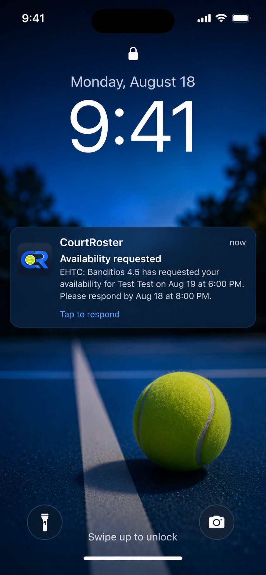CourtRoster availability request displayed as an iPhone push notification