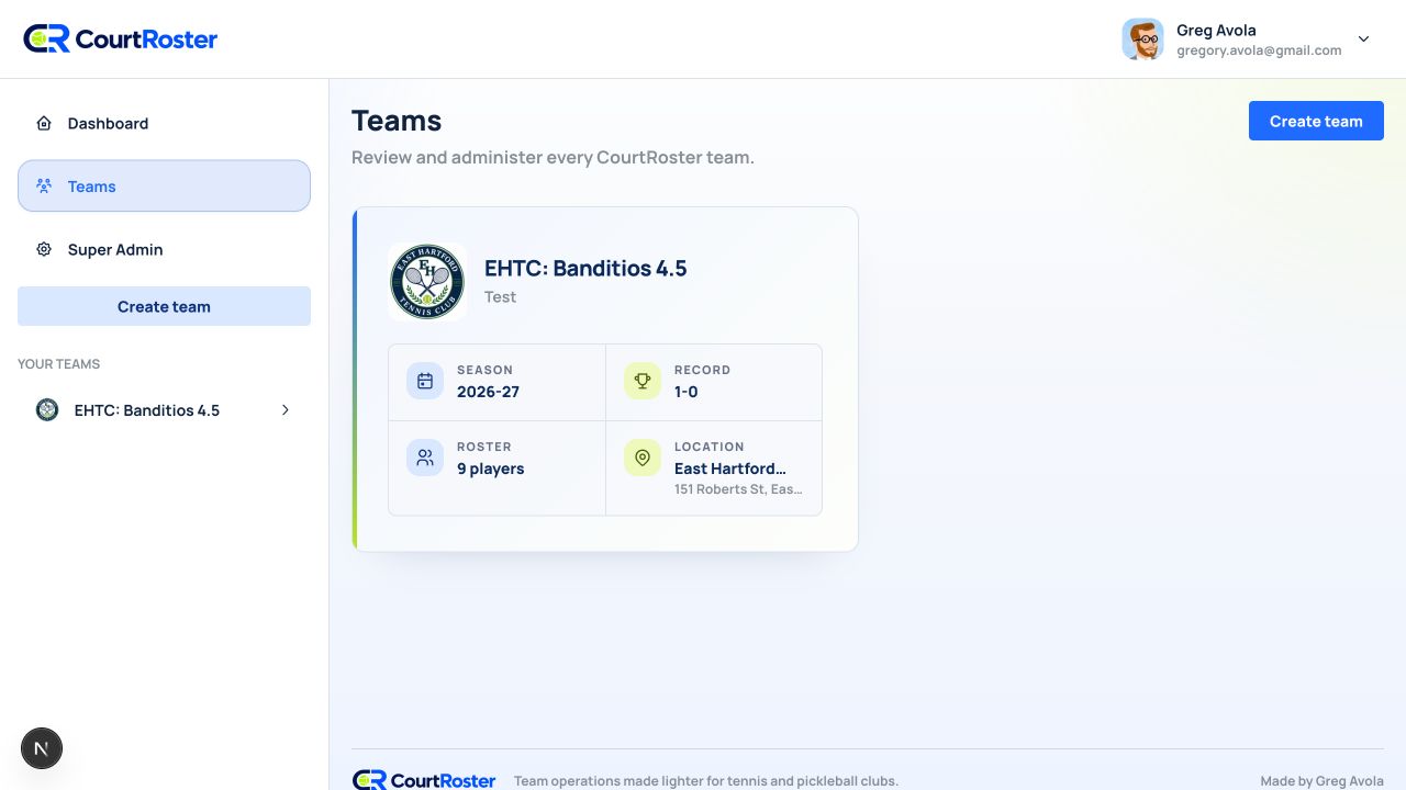 Teams page with Create team highlighted
