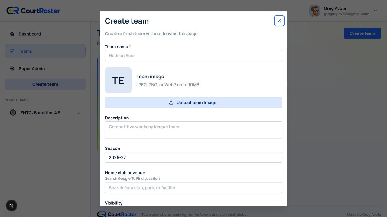 Create team dialog filled with example team details