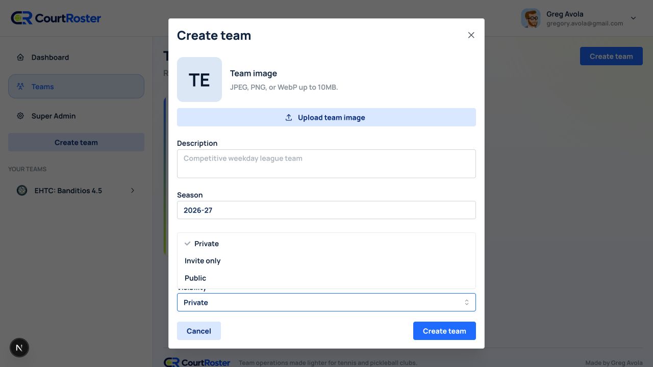 Create team dialog with the visibility options open