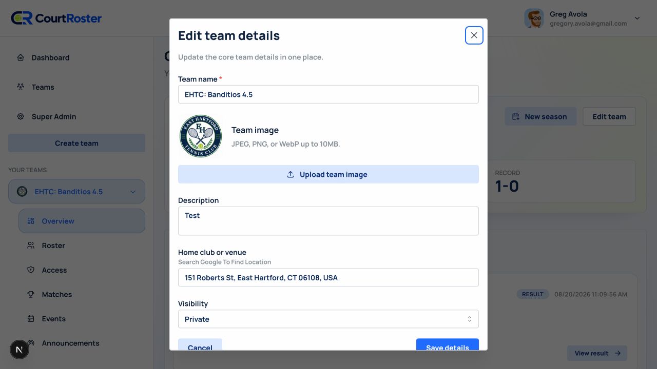 Edit team details dialog