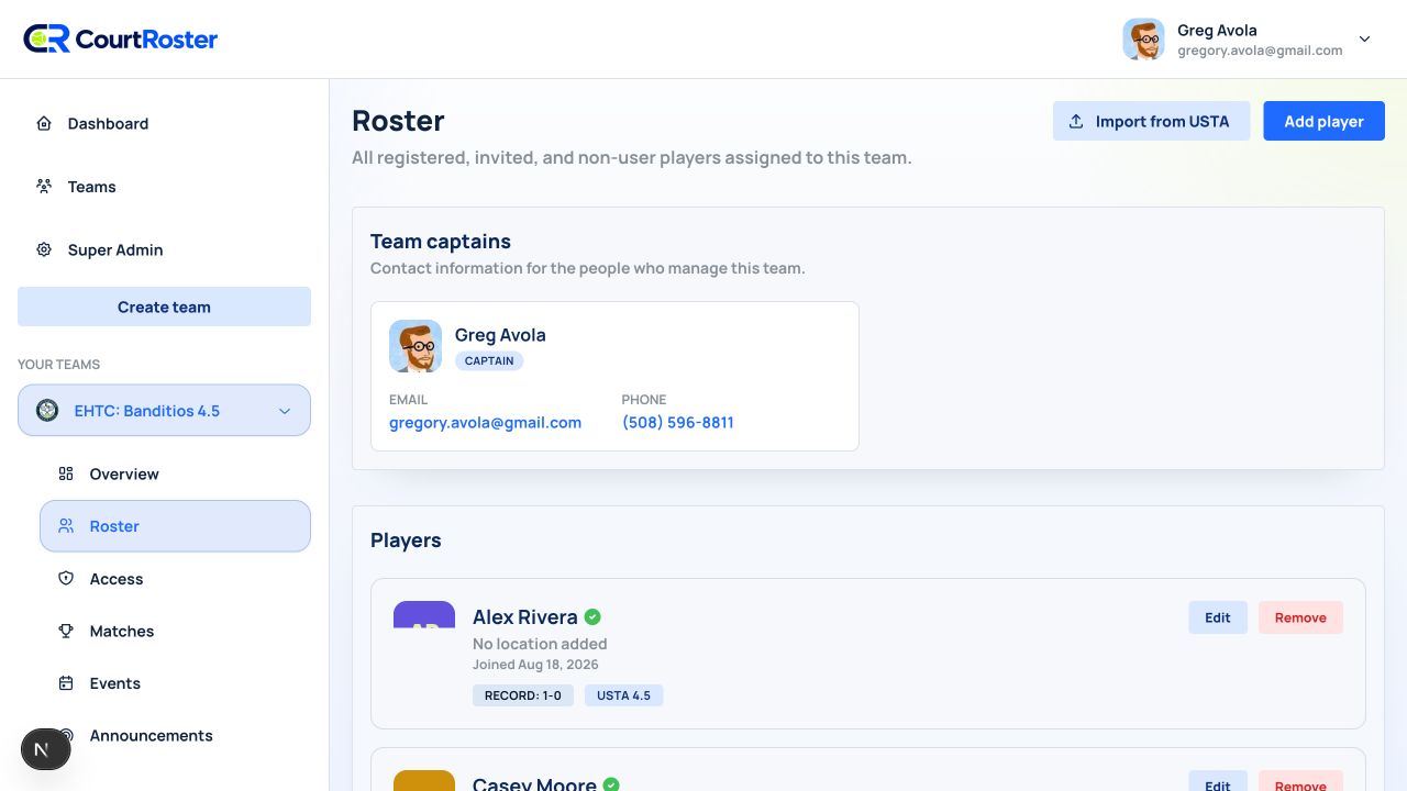 Roster page with Add player highlighted