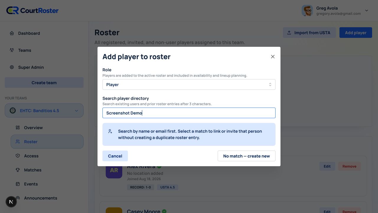 Add player dialog showing the player search