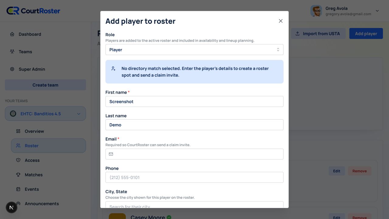 New player roster form