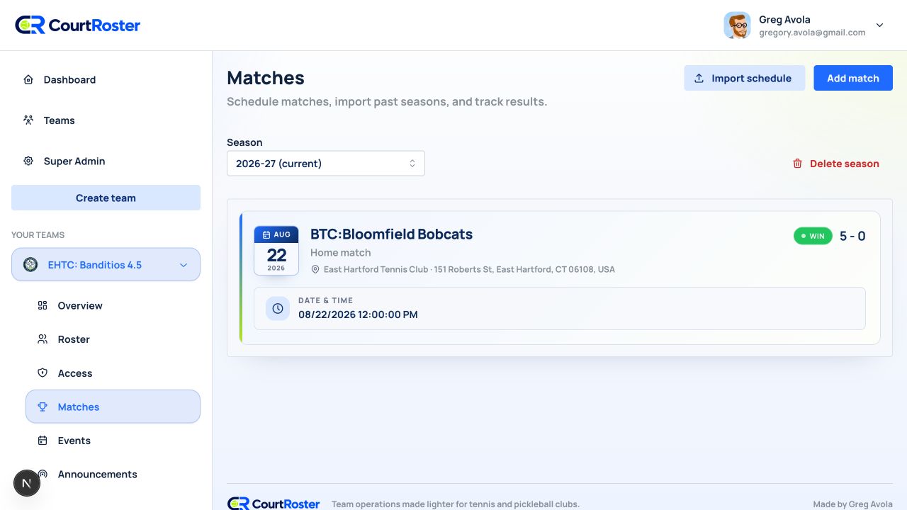 Current-season Matches page with Add match highlighted