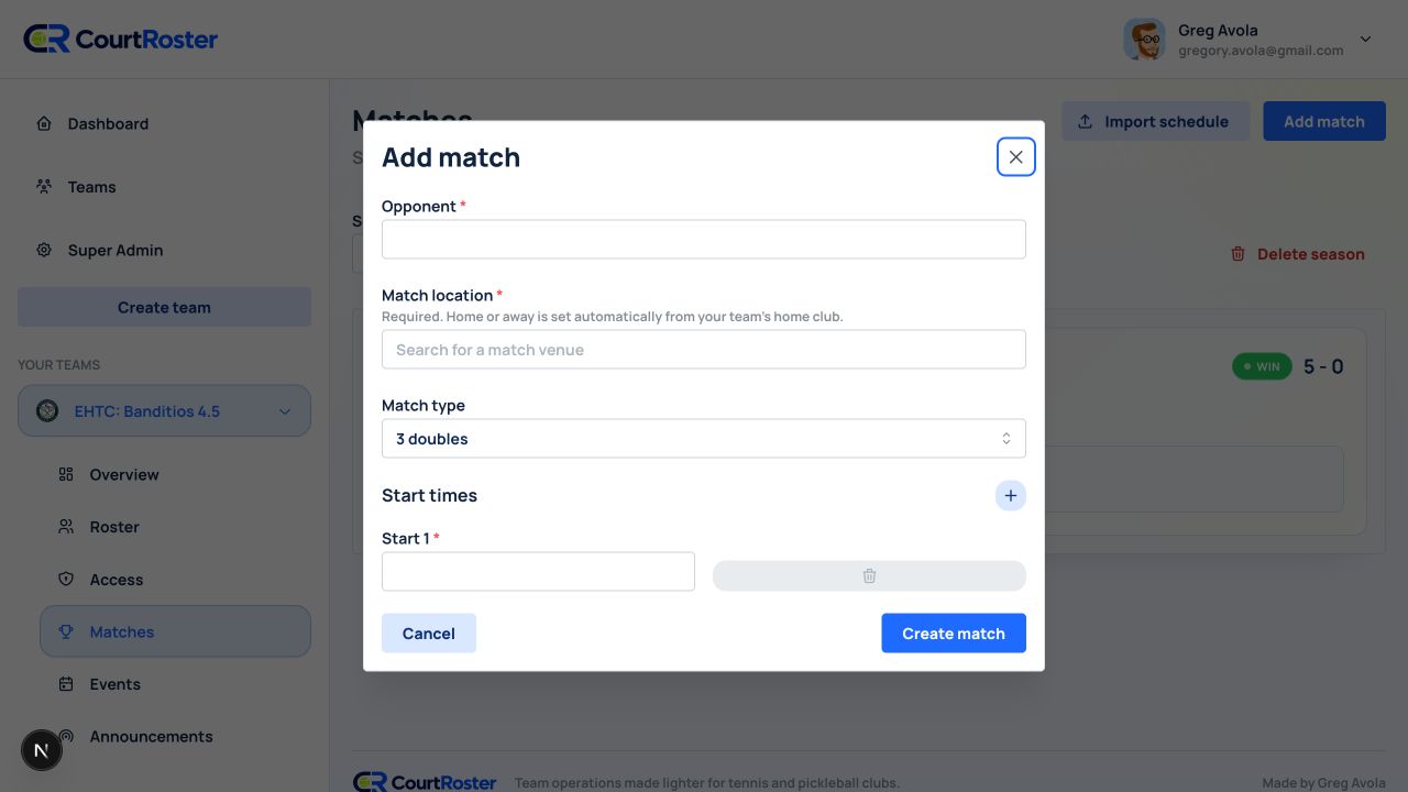 Add match dialog with opponent venue format and start time