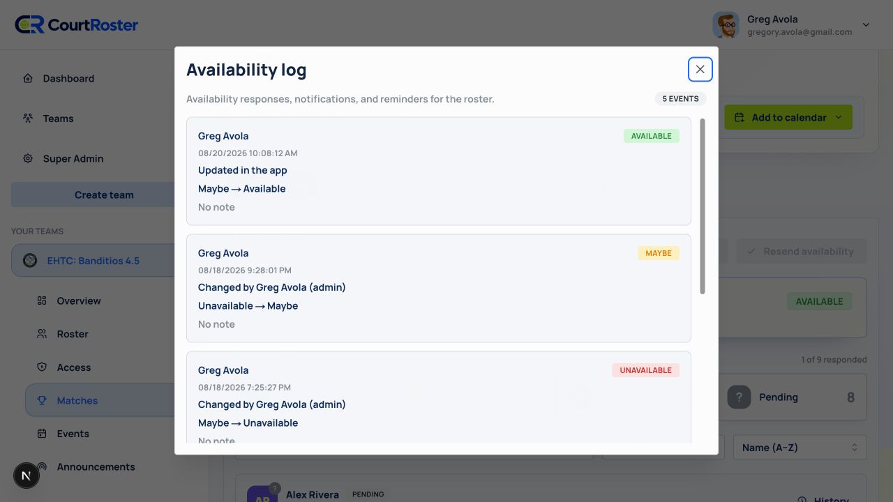 Availability responses and activity log
