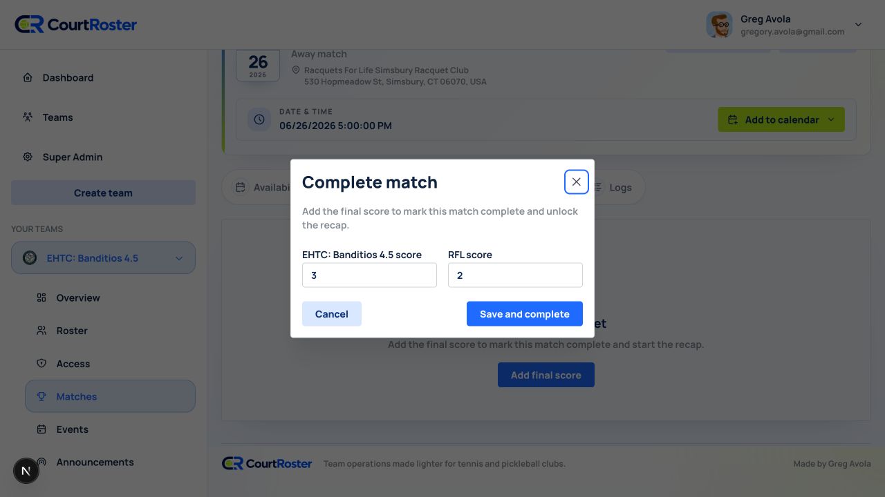 Match recap area showing the completed match state