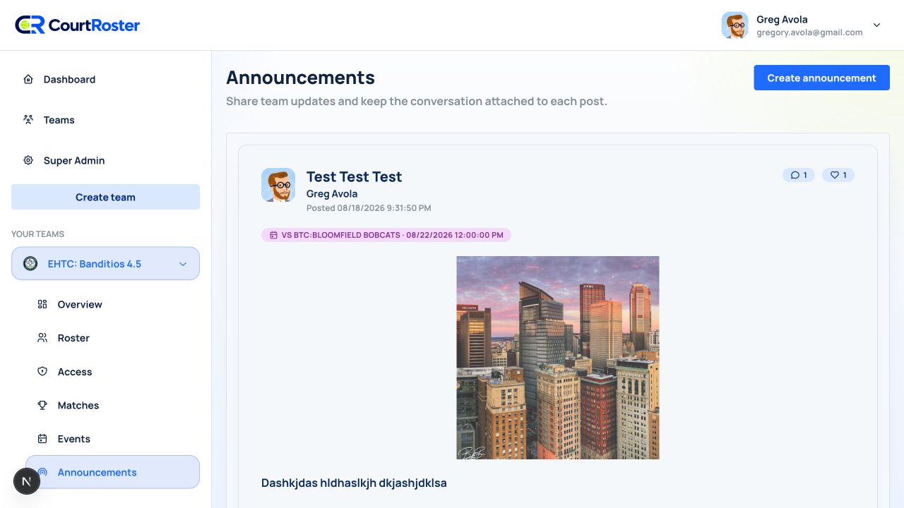 Team Announcements page with Create announcement highlighted