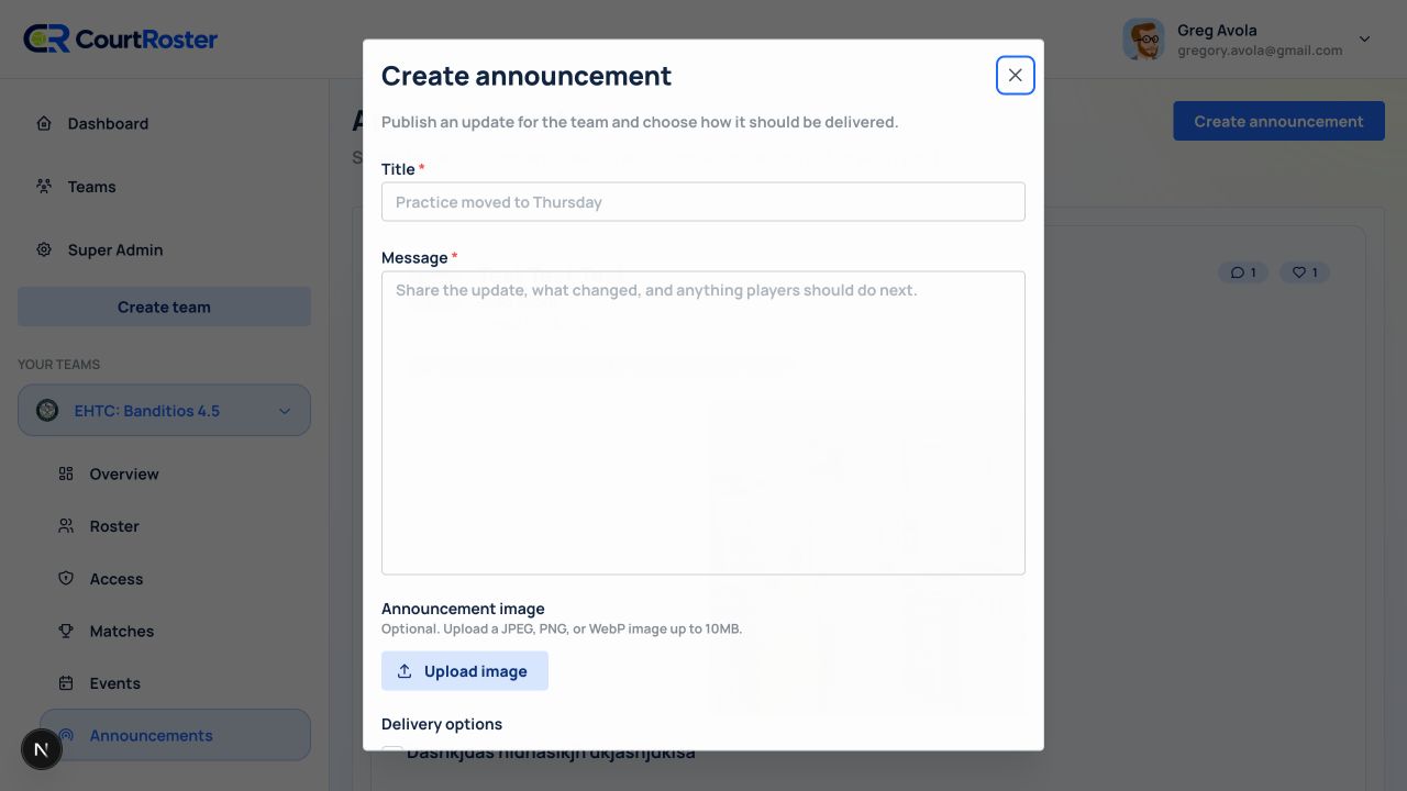 Create announcement dialog with message and delivery options