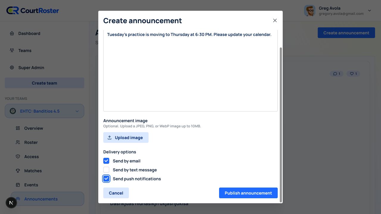 Completed announcement example before publishing