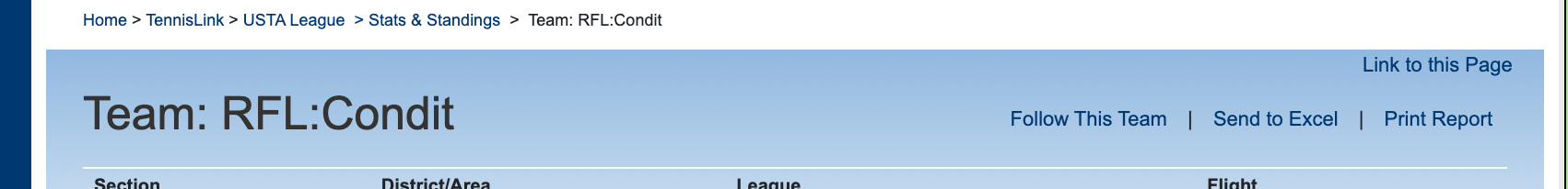USTA TennisLink team page with Send to Excel in the upper-right corner