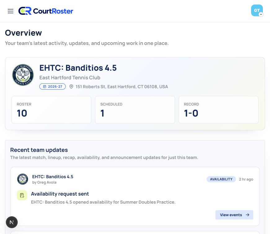 Player team overview showing team details and recent activity