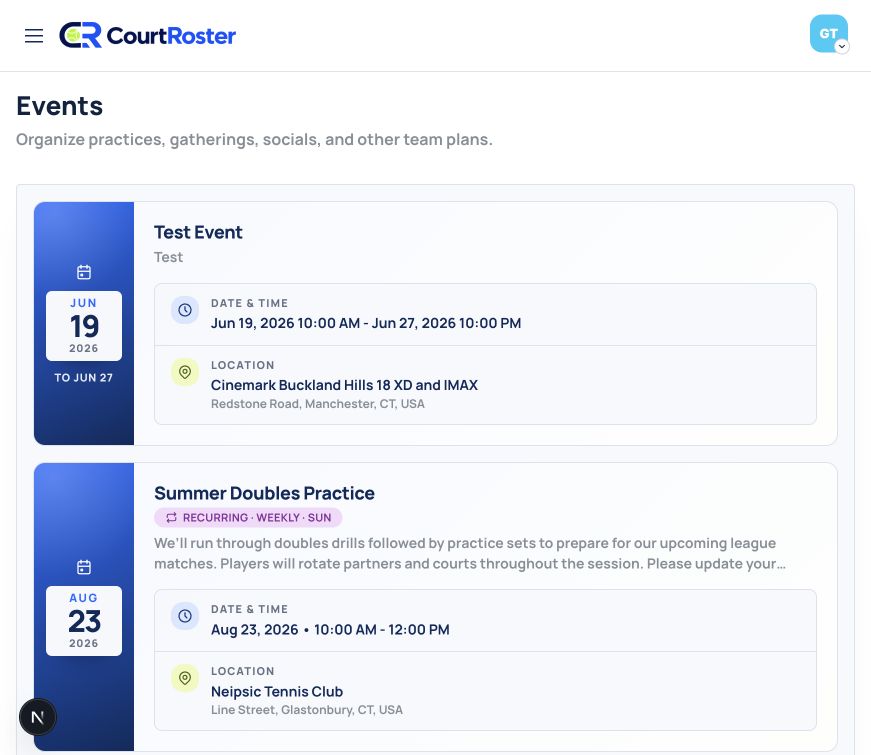 Player Events page with upcoming events