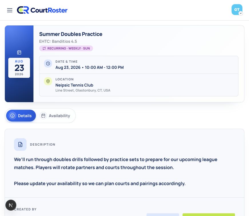 Player event detail page showing the event description and Availability tab