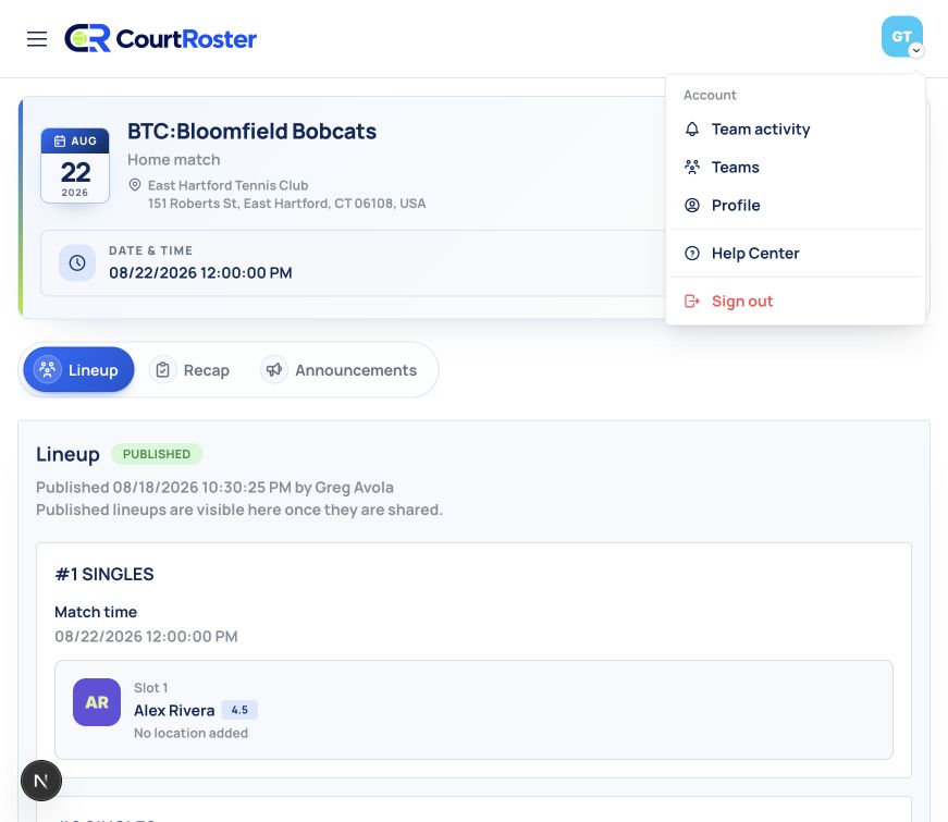 CourtRoster account menu with Profile selected