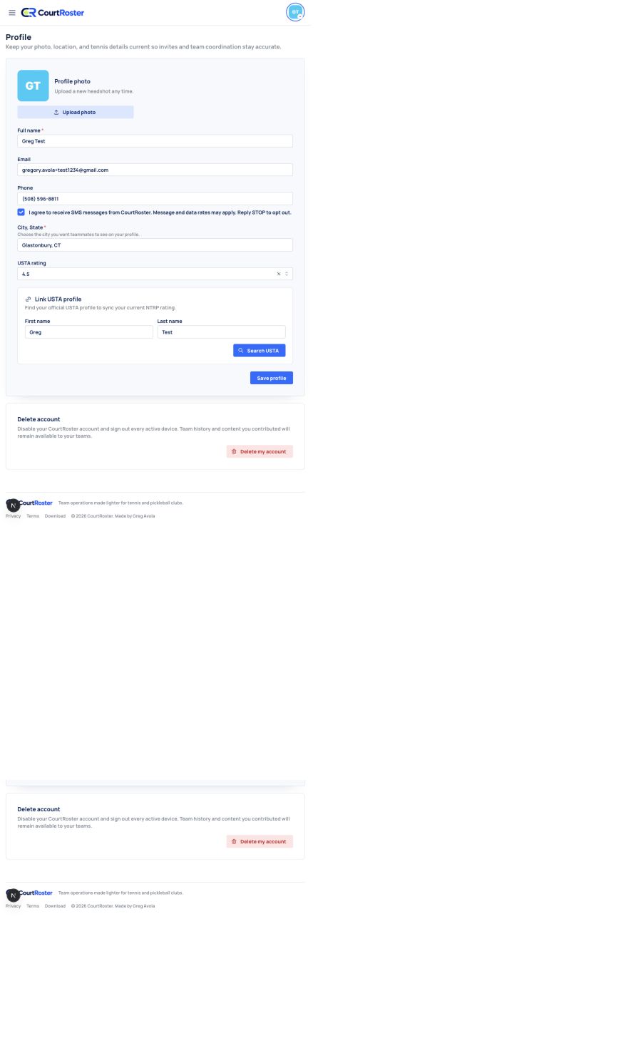 CourtRoster player Profile page with contact location and rating fields