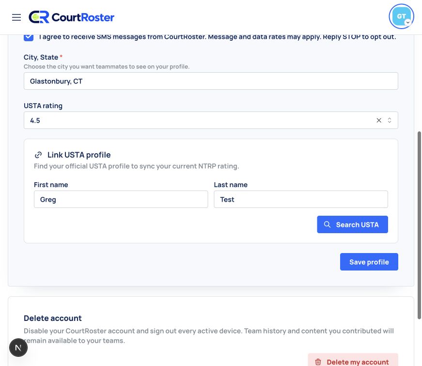 CourtRoster Profile page showing USTA profile search controls